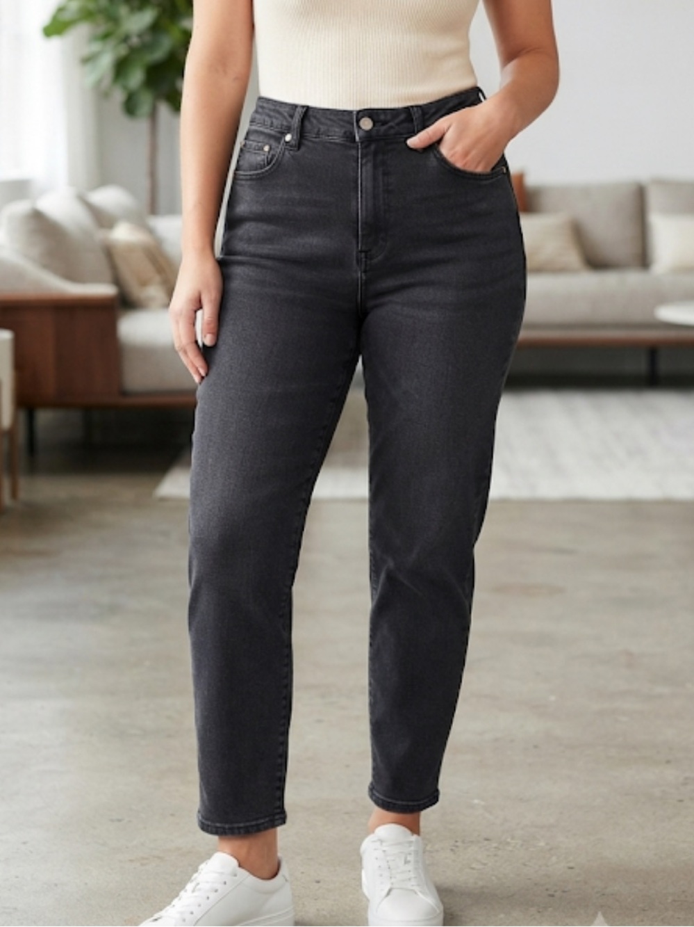 DENIM & CO. High Rise Tapered Mom Jeans Faded Black Size 10